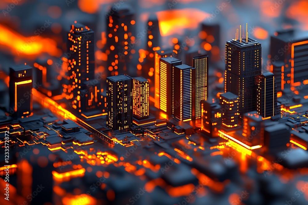 Poster futuristic microchip cityscape illustrating advanced technology and digital urban infrastructure : g