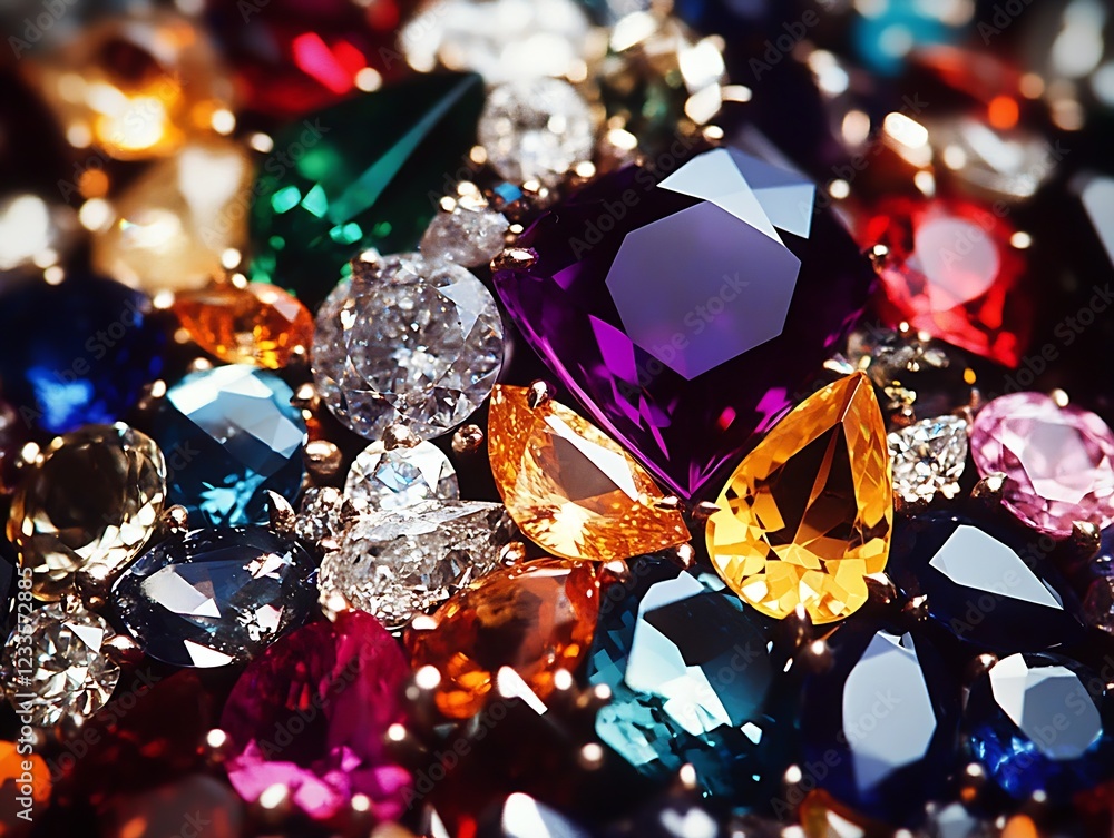 Poster detailed close-up of assorted colorful gemstones shimmering with rainbow colors : generative ai
