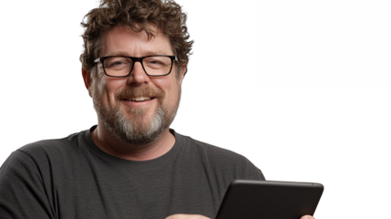a man with glasses holding a tablet in his hands PNG image, PNG file, Generative art.