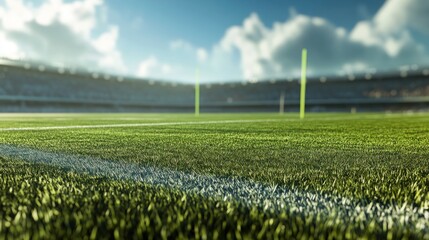 Stadium field, sunny day, crowd blurred, game preparation, sports banner