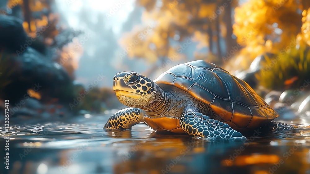 Poster majestic turtle gliding in serene autumn stream in nature : generative ai