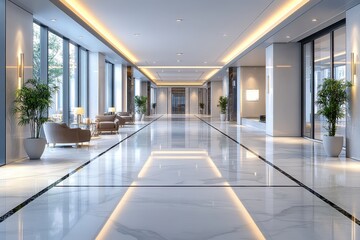 Modern hotel lobby featuring marble floors and elegant seating areas.