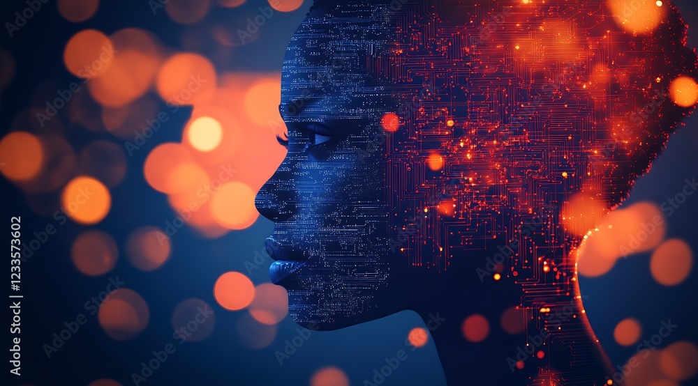 Poster artificial intelligence concept with creative digital profile and colorful lights : generative ai