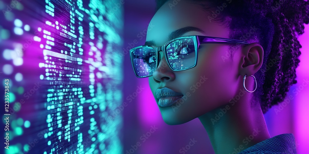 Aufkleber stylish woman with glasses viewing digital data in futuristic neon setting : generative ai