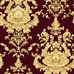 showcases a close-up view of a damask pattern. The design is characterized by its ornate, symmetrical, and curvilinear motifs, predominantly in a metallic gold hue against a deep, dark red background.