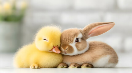 Duckling and bunny cuddling, spring background, Easter card