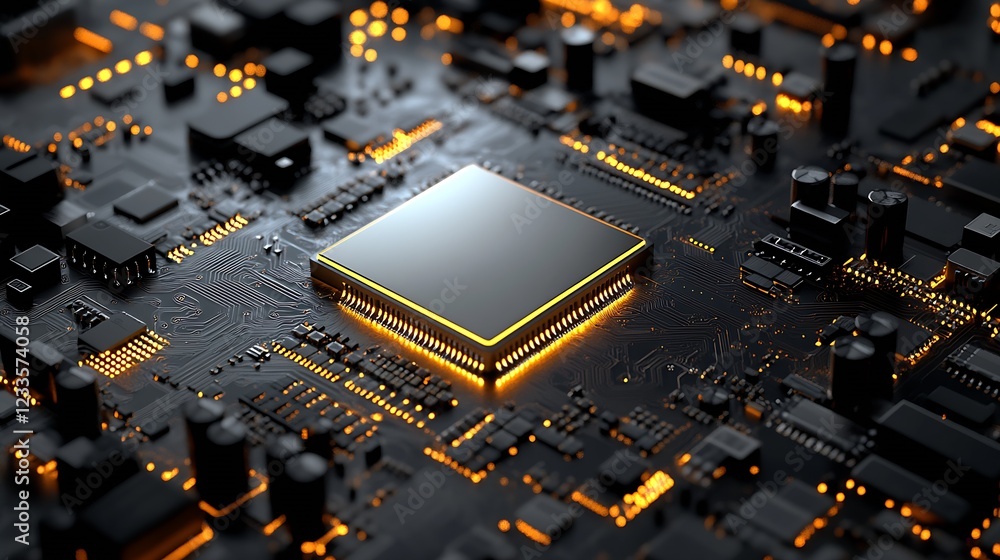 Poster High Tech Microchip Circuit Board with Glowing Orange Nodes and Complex Connections : Generative AI