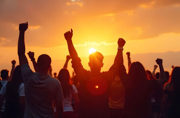 Fototapeta premium A crowd celebrates Juneteenth with raised fists at sunset. A large crowd raises their fists in celebration at sunset during Juneteenth. They appear unified and strong. The outdoor scene demonstrates j