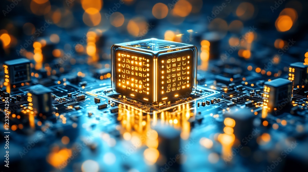 Fototapete Futuristic Digital Cube on Circuit Board with Glowing Lights and Circuitry Connections : Generative AI