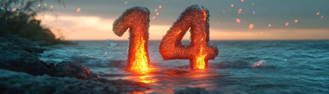 Fiery number fourteen on ocean rocks at sunset