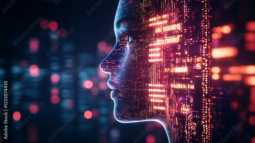 Aufkleber Futuristic Digital Human Face with Glowing Circuitry in High Tech Abstract Background : Generative AI