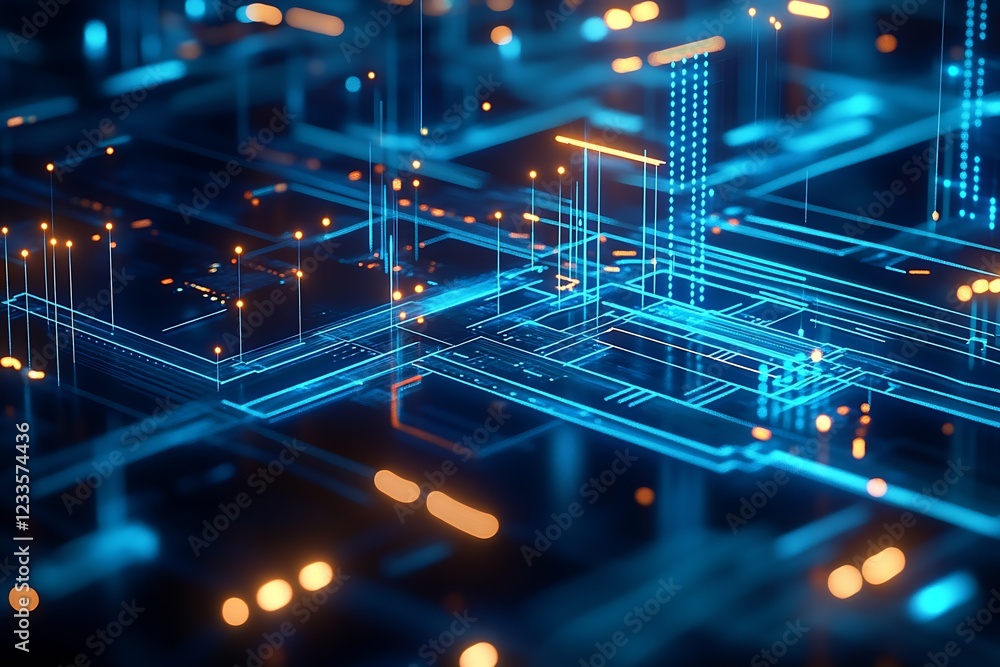 Aufkleber blue and orange abstract circuit board illuminated by neon lights : generative ai
