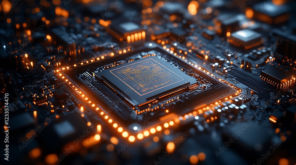 Fototapete High Tech Circuit Board With Glowing Central Processing Unit Computer Technology : Generative AI