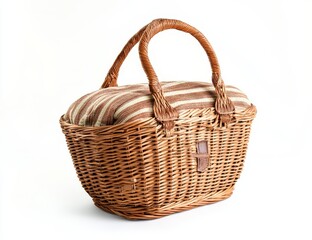 Obraz premium Wicker picnic basket with striped liner.