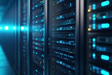 Close-Up View of Modern Server Rack with Glowing LED Indicators and High-Tech Components in a Data Center Illuminated by Blue Lights