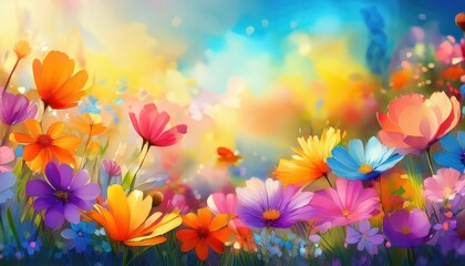 Vibrant and Blossoming A Stunning SpringSummer Scene Filled with Lush, Colorful Flowers Amidst a Backdrop of Soft Greenery, Perfect for Digital Art, Home Decor, or Design Inspiration.