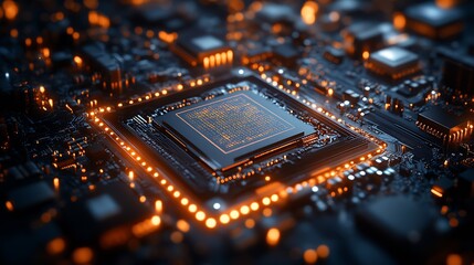 High Tech Circuit Board With Glowing Central Processing Unit Computer Technology : Generative AI