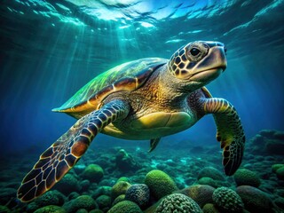 Deep-sea green sea turtles: majestic ocean predators, endangered marine life, showcased in stunning underwater photography.
