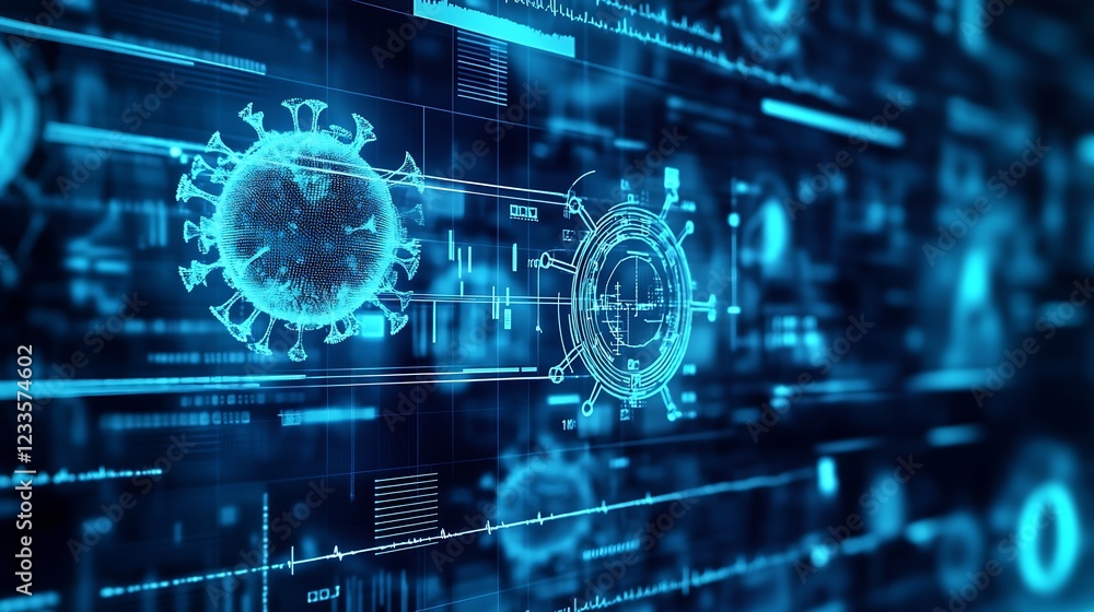 Poster futuristic digital illustration of virus cells on blue data network background : generative ai
