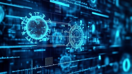 Fototapeta premium Futuristic Digital Illustration of Virus Cells on Blue Data Network Background : Generative AI