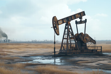 Fototapeta premium Rusting Oil Pump in Desolate Landscape: Environmental Impact