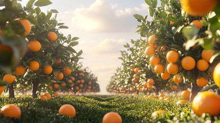 Sunlit orange grove, ripe fruit, rows of trees, vibrant nature, agriculture