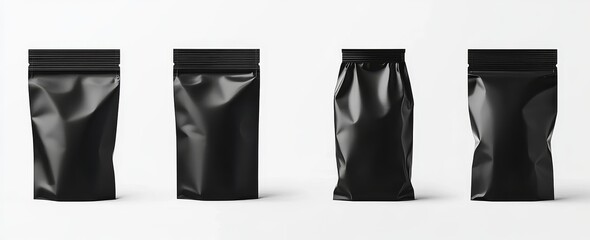 Four black stand-up pouches, various styles, isolated on white background.