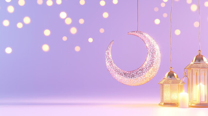 Purple ramadan background featuring glittery moon and shiny blush gold lantern, aesthetic look
