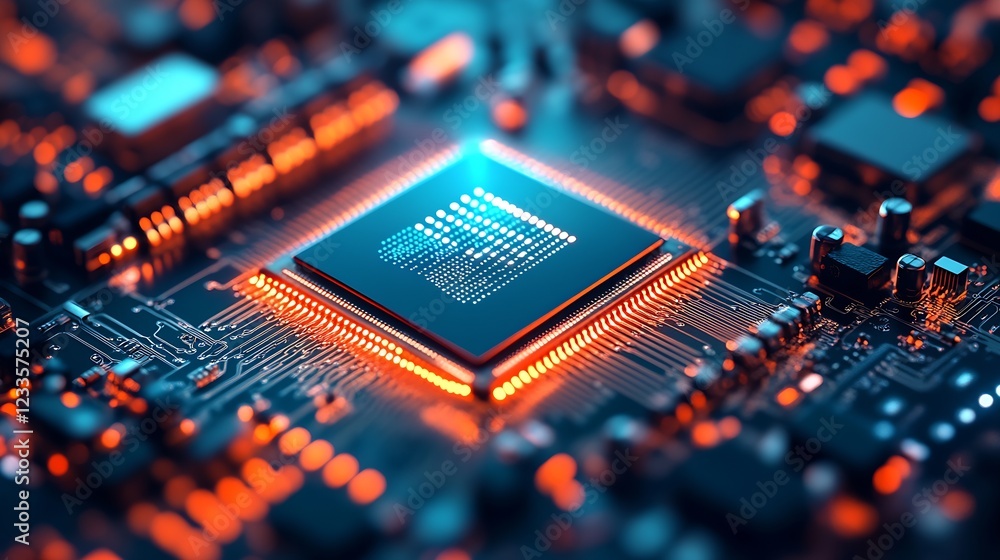 Poster Modern Blue Microprocessor with Digital Interface and Orange Illumination : Generative AI