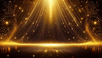 Dramatic Opening of a Glittering Stage with Gold Light Streaks and Spotlights, Captivating the Eyes in a Luxurious Setting at Twilight.