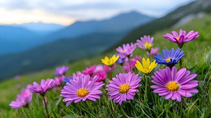 Obraz premium Alpine meadow wildflowers sunset mountains background nature postcard