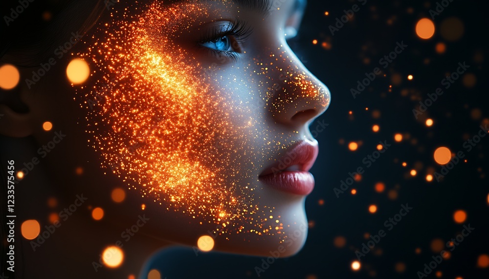 Poster Enigmatic Woman's Face with Glowing Digital Sparkles and Bokeh in Dark Theme : Generative AI