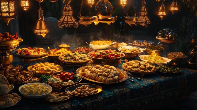 Iftar buffet setup with traditional ramadan dishes and festive decorations