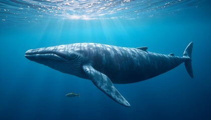 Fototapeta premium Majestic whale swimming in the deep blue sea, sun rays piercing the surface. A serene underwater scene capturing the beauty of marine life.