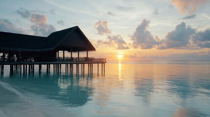 Romantic Sunset Beach Overwater Bungalow  Tropical Seascape