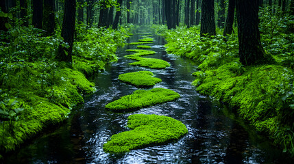 Obraz premium Heart-shaped moss path, forest stream, misty morning, nature scene