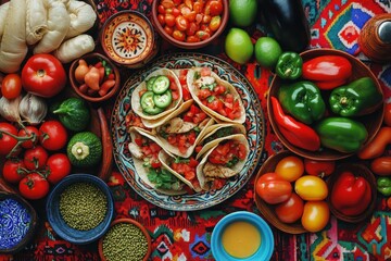 Fototapeta premium Colorful Array of Fresh Ingredients and Tasty Tacos on a Vibrantly Patterned Mexican Tablecloth with a Rustic Atmosphere