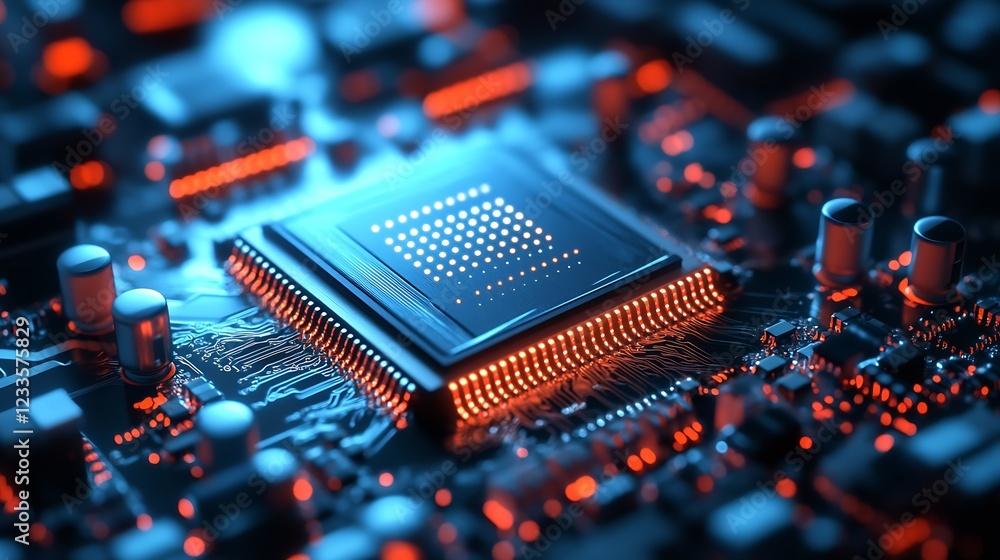 Poster High Tech Microchip on Circuit Board with Glowing Blue and Orange Lights : Generative AI