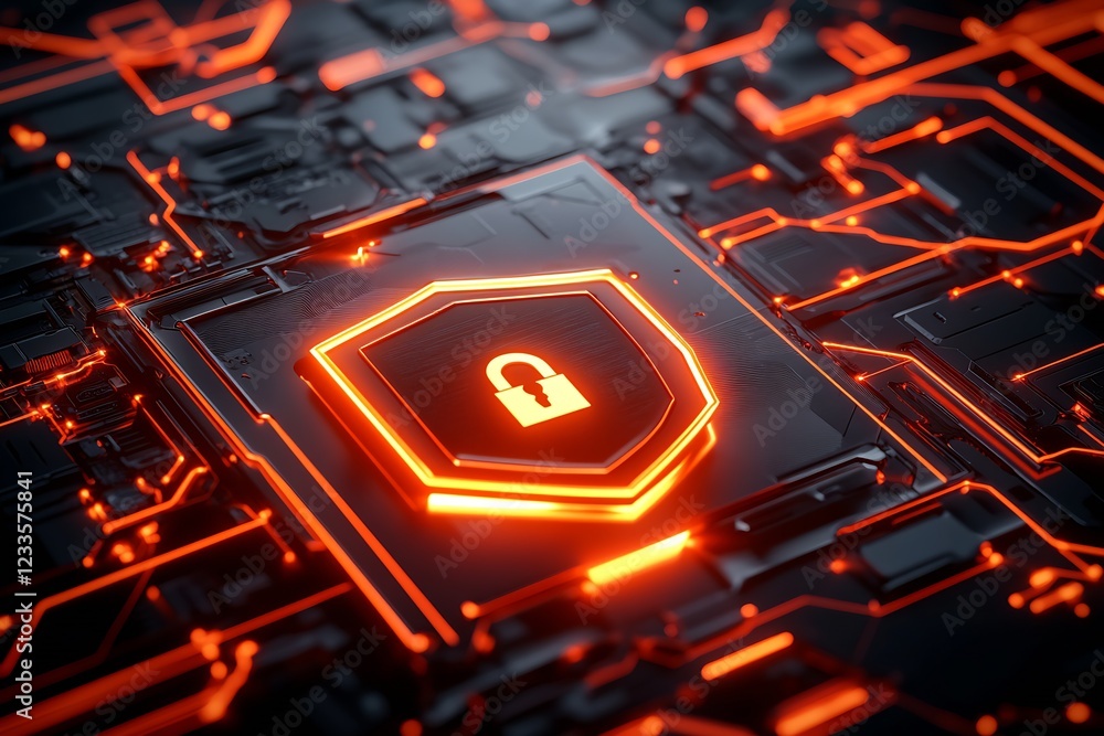 Poster Futuristic Cybersecurity Concept with Glowing Red Shield and Circuitry Background : Generative AI