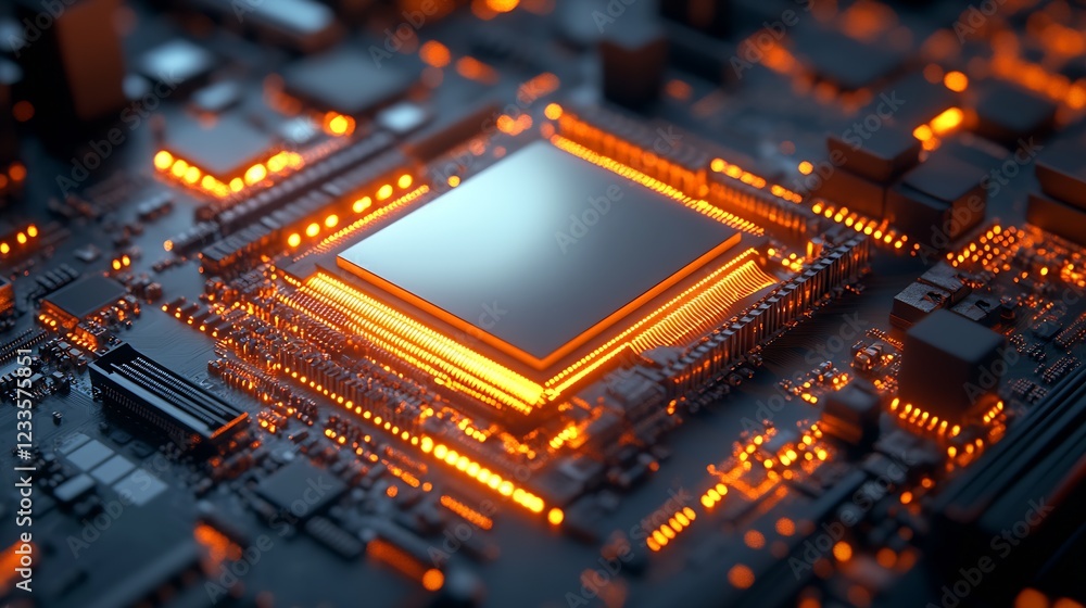 Leinwandbilder Close-Up View of an Advanced Microprocessor on a Circuit Board with Neon Orange Lighting : Generative AI