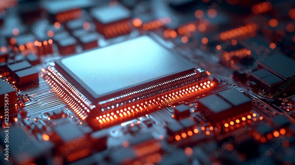 Poster Futuristic computer chip on circuit board with glowing lights in advanced technology setting : Generative AI