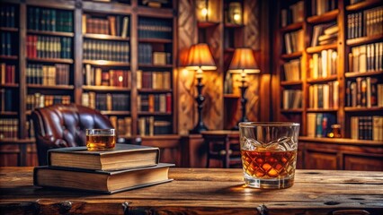 A beautifully crafted wooden bar with a whiskey glass sitting on it, surrounded by books and decorations in a cozy study setting , vintage decor,