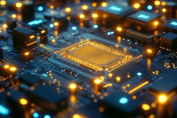 Obraz premium Glowing Circuit Board Showcasing Advanced Microchip Technology for Modern Computing : Generative AI