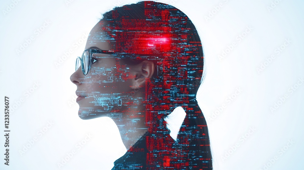 Poster futuristic portrait of woman merging with digital cyberspace interface in tech-inspired artwork : ge