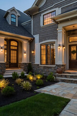 Obraz premium Luxury Home Exterior at Night: Modern Architecture, Elegant Design, and Landscaped Garden