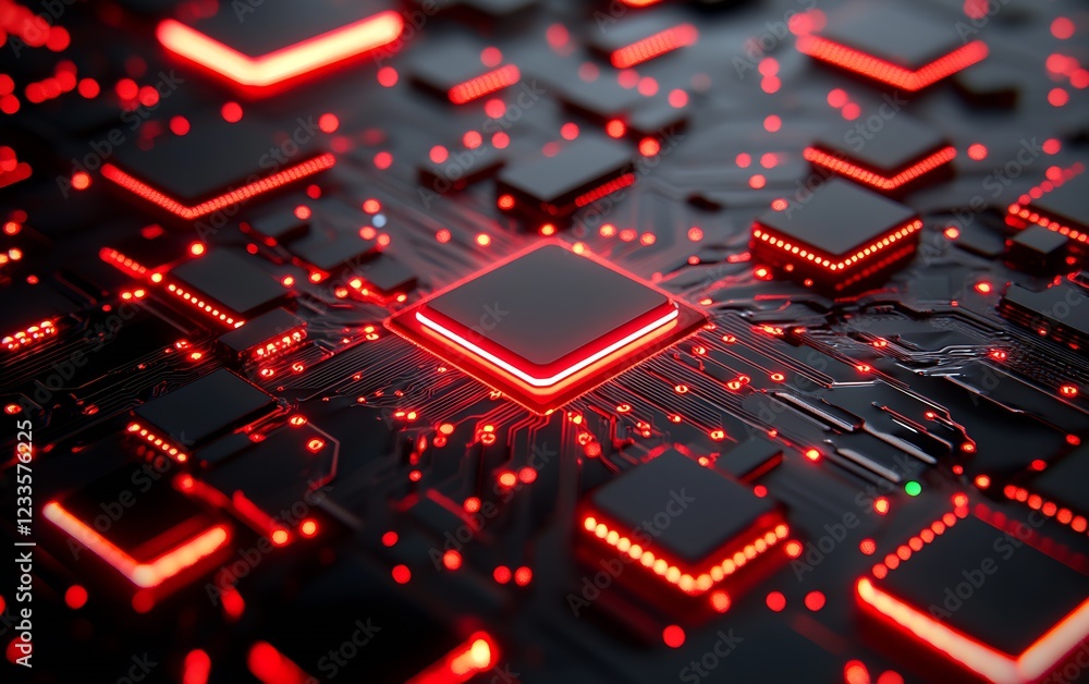 Poster Advanced Red-lit Computer Circuit Board with Glowing Microprocessors : Generative AI