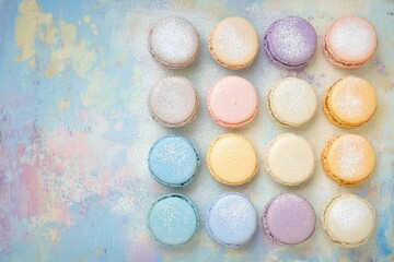 Obraz premium Colorful Assorted Macarons on a Soft Pastel Background with Light Dusting of Sugar for a Sweet Treat Inspiration and Dessert Presentation