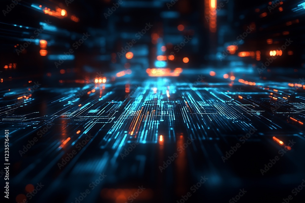 Poster Futuristic Digital Abstract Background with Electronic Lines and Glowing Dots : Generative AI