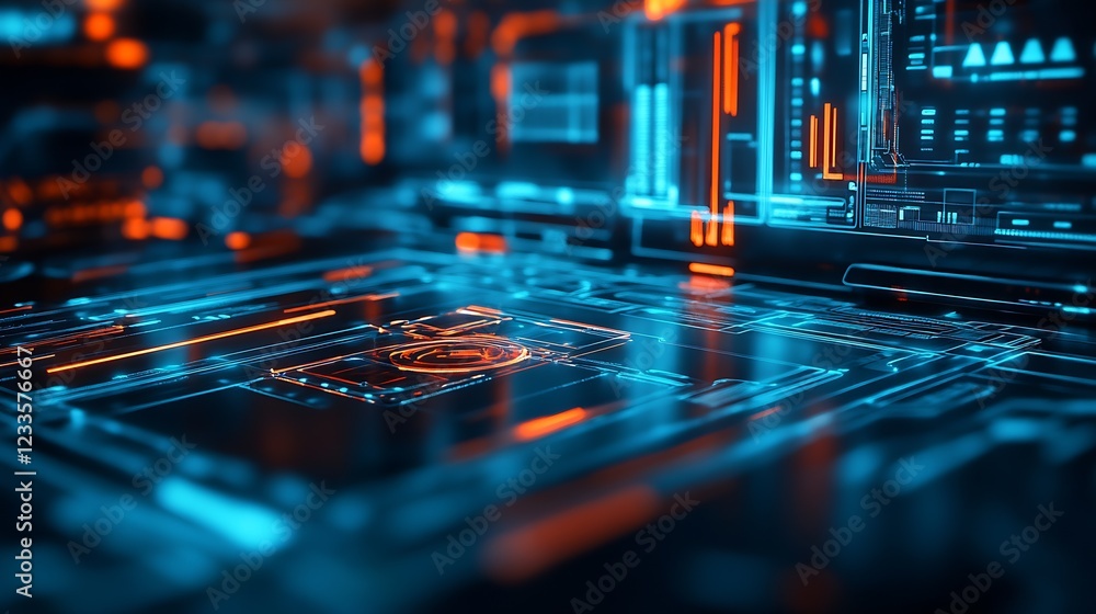 Aufkleber Futuristic Abstract Circuit Texture in Neon Blue and Orange Color Scheme : Generative AI