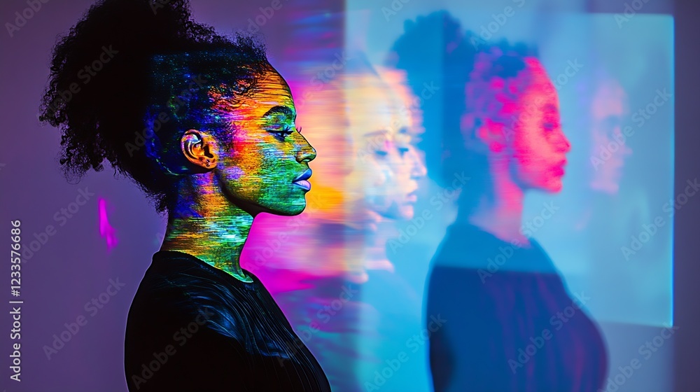 Poster vibrant artistic portrait of woman with colorful light projections and reflections : generative ai
